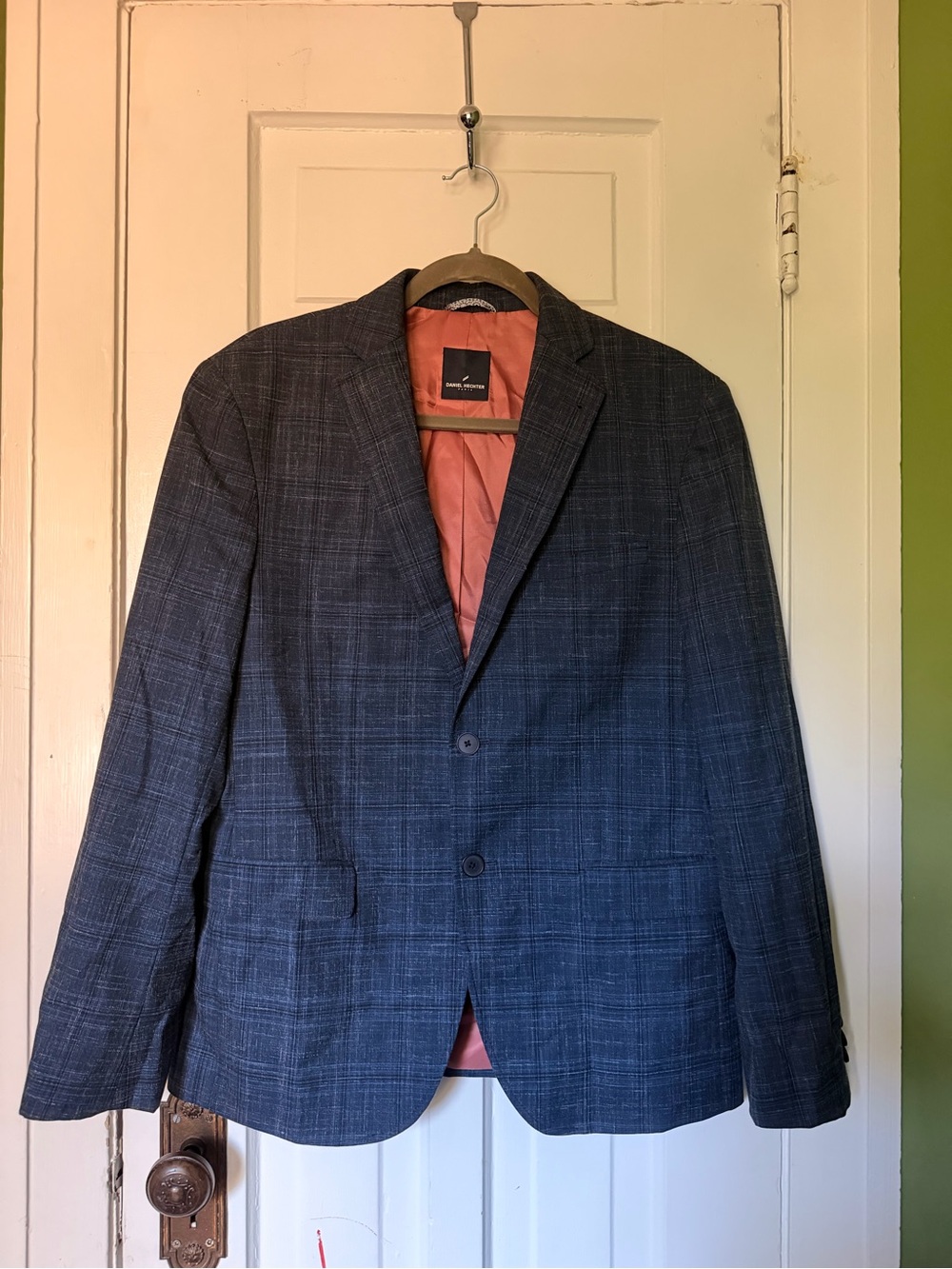 Bonobos Navy Plaid Sport Coat with Coral Lining